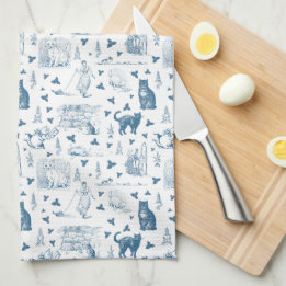 Vintage Retro Toile Pattern Cat Catnip White Blue Tea Towel