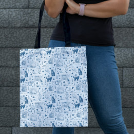 Vintage Retro Toile Pattern Cat Catnip White Blue Tote Bag