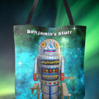 Vintage retro toy robot in galaxy add your name