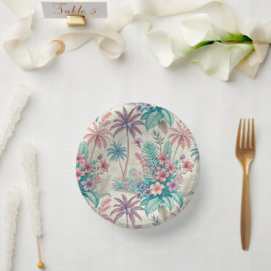 Vintage Retro Tropical Palm Tree & Floral Garden Paper Plate