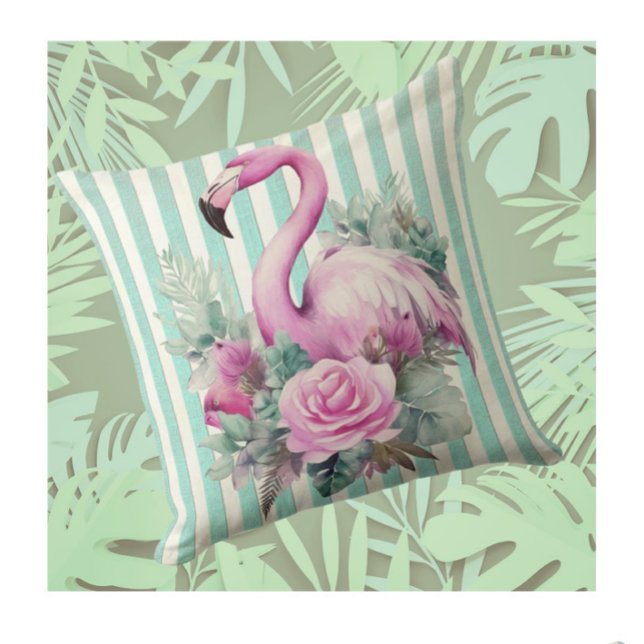 Vintage Retro Tropical Pink Flamingo  Cushion (Vintage flamingo and roses)