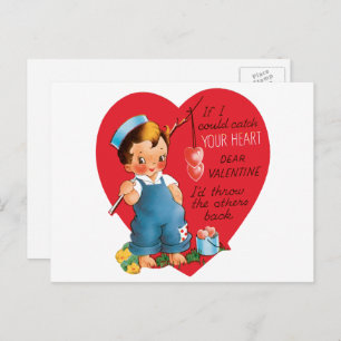 Vintage Retro Valentine's Day, Boy Fishing Hearts Holiday Postcard
