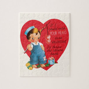 Vintage Retro Valentine's Day, Boy Fishing Hearts Jigsaw Puzzle