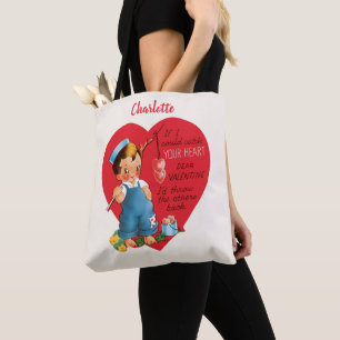 Vintage Retro Valentine's Day, Boy Fishing Hearts Tote Bag