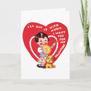Vintage Retro Valentine's Day, Boy Music Banjo Holiday Card