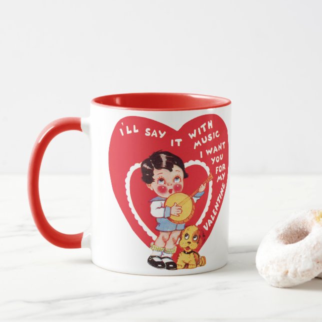 Vintage Retro Valentine's Day, Boy Music Banjo Mug (With Donut)