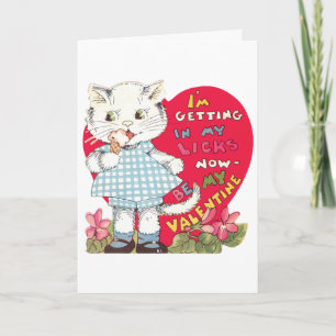 Vintage Retro Valentine's Day Cat Eating Ice Cream Holiday Card