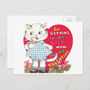 Vintage Retro Valentine's Day Cat Eating Ice Cream Holiday Postcard