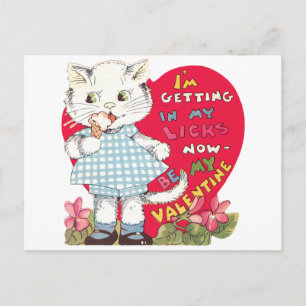 Vintage Retro Valentine's Day Cat Eating Ice Cream Holiday Postcard