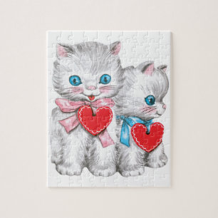 Vintage Retro Valentine's Day Cats, Cute Kitten Jigsaw Puzzle