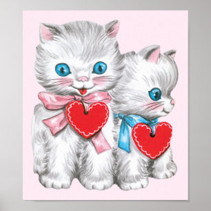 Vintage Retro Valentine's Day Cats, Cute Kitten Poster
