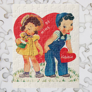 Vintage Retro Valentine's Day, Girl and Boy Hearts Jigsaw Puzzle