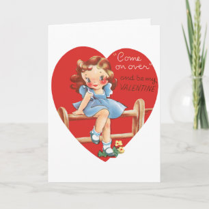 Vintage Retro Valentine's Day, Girl on a Fence Holiday Card