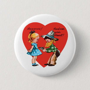 Vintage Retro Valentine's Day, Girl with Cowboy 6 Cm Round Badge