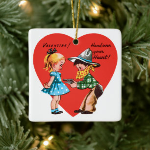Vintage Retro Valentine's Day, Girl with Cowboy Ceramic Tree Decoration