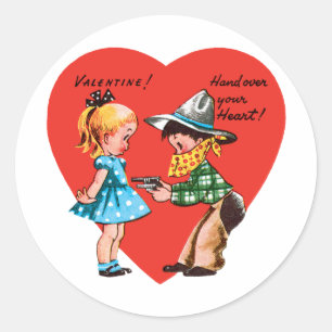 Vintage Retro Valentine's Day, Girl with Cowboy Classic Round Sticker
