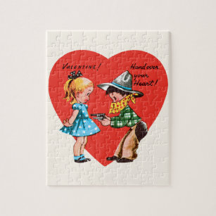 Vintage Retro Valentine's Day, Girl with Cowboy Jigsaw Puzzle