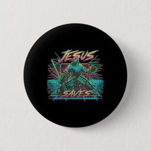 Vintage Retro Vaporwave Jesus Saves Ice Hockey Goa 6 Cm Round Badge