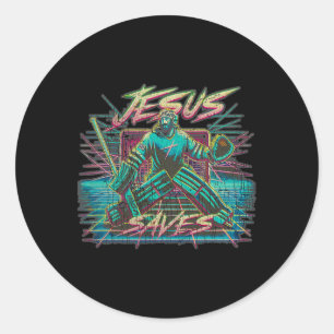 Vintage Retro Vaporwave Jesus Saves Ice Hockey Goa Classic Round Sticker