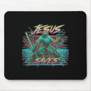 Vintage Retro Vaporwave Jesus Saves Ice Hockey Goa Mouse Pad