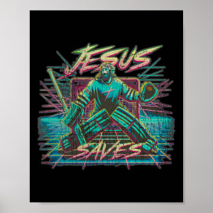 Vintage Retro Vaporwave Jesus Saves Ice Hockey Goa Poster