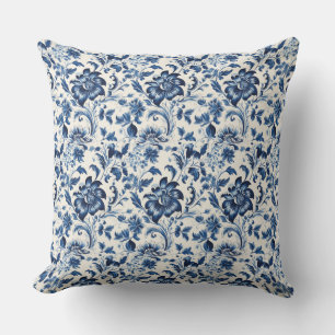 Vintage retro watercolor delft blue floral cushion