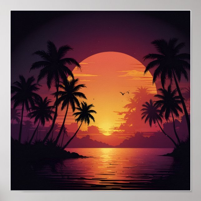 Vintage retro wave sunset with palm trees poster (Front)
