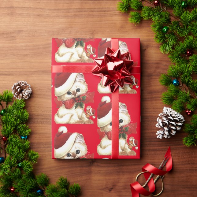 Vintage Retro White Cat and Mouse Wrapping Paper (Holiday Gift)