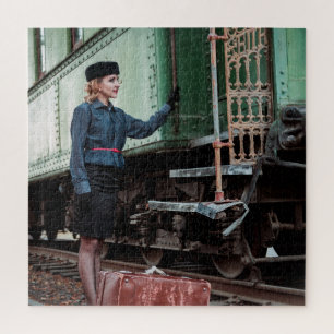 Vintage retro woman at train station jigsaw puzzle