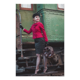 Vintage retro woman at train station photo print