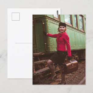 Vintage retro woman at train station postcard