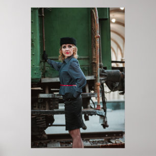 Vintage retro woman at train station poster