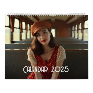 Vintage retro woman in train calendar