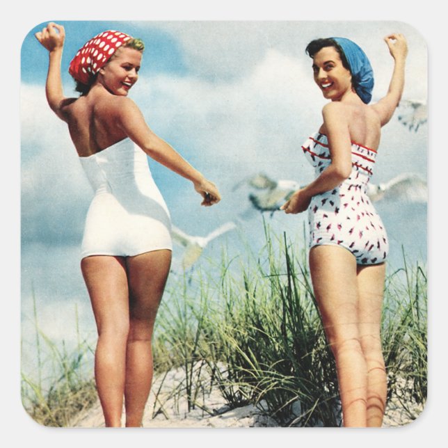 Vintage Retro Women 60s Surfing Beach Girls Square Sticker (Front)