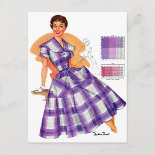 Vintage Retro Women Fashion Frock Plaid Ad Postcard