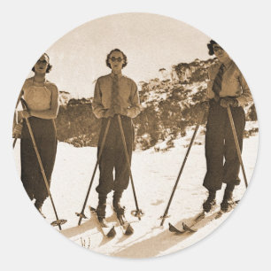 Vintage Retro Women Skiing 'Ski Bums 1942' Classic Round Sticker