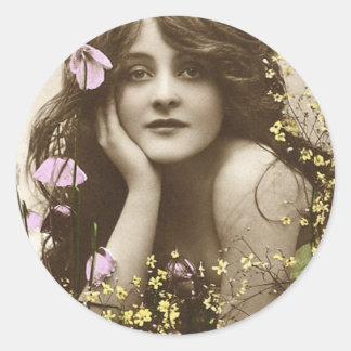 Vintage Retro Women Victorian Flower Girl Classic Round Sticker