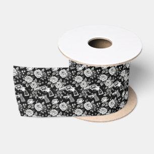 Vintage Revolver Floral Illustration Black White Satin Ribbon