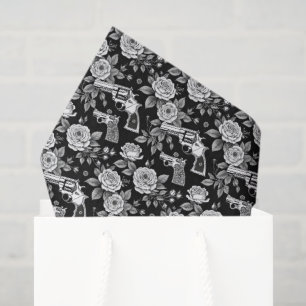 Vintage Revolver Floral Illustration Black White Tissue Paper