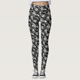 Vintage Revolver Pistol Black and White Floral Leggings