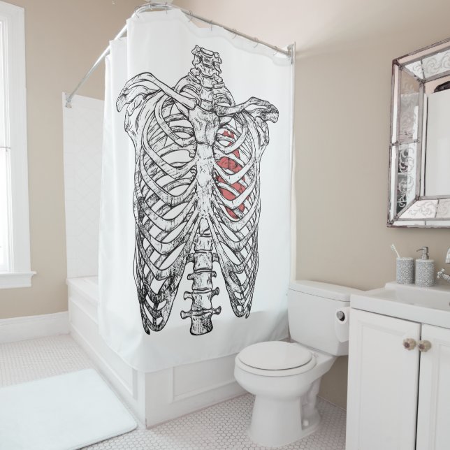 Vintage Ribcage & Heart Anatomy Halloween Shower Curtain (In Situ)