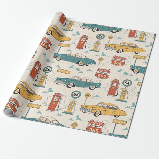 Vintage Road Trip Pattern (1) Wrapping Paper (Unrolled)
