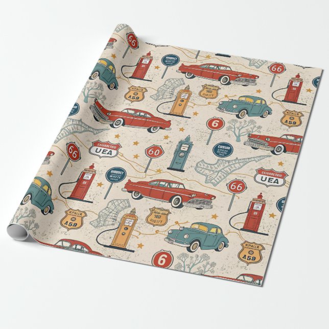 Vintage Road Trip Pattern (2) Wrapping Paper (Unrolled)