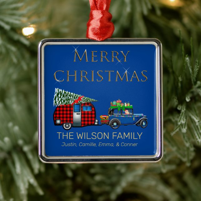 Vintage Road Trip Santa Blue Metal Ornament (Tree)