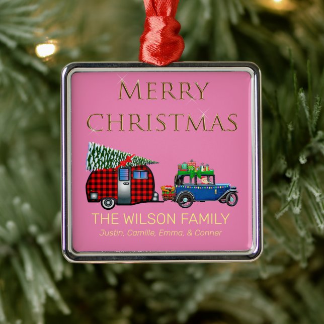 Vintage Road Trip Santa Pink Metal Ornament (Tree)