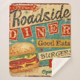 Vintage Roadside Diner metal sign. diner, retro, v Sherpa Blanket