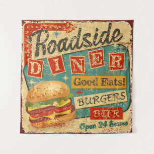 Vintage Roadside Diner metal sign. diner, retro, v Tapestry