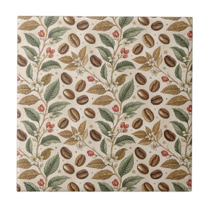 Vintage Roasted Coffee Beans & Flowers Pattern Ceramic Tile