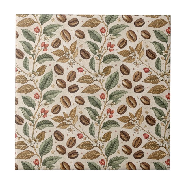Vintage Roasted Coffee Beans & Flowers Pattern Ceramic Tile (Front)