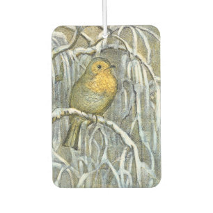 Vintage Robin bird on a snowy branch Car Air Freshener